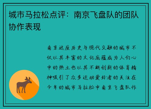 城市马拉松点评：南京飞盘队的团队协作表现