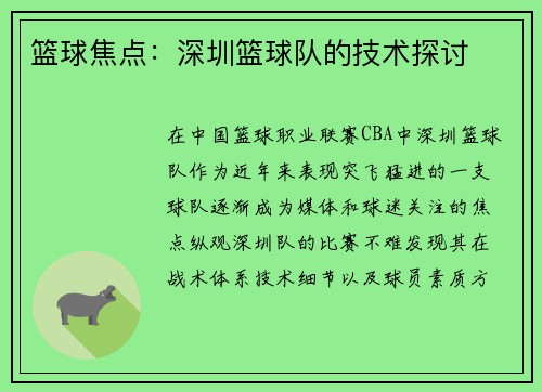 篮球焦点：深圳篮球队的技术探讨