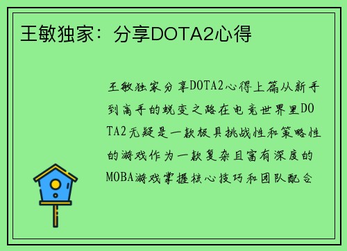 王敏独家：分享DOTA2心得