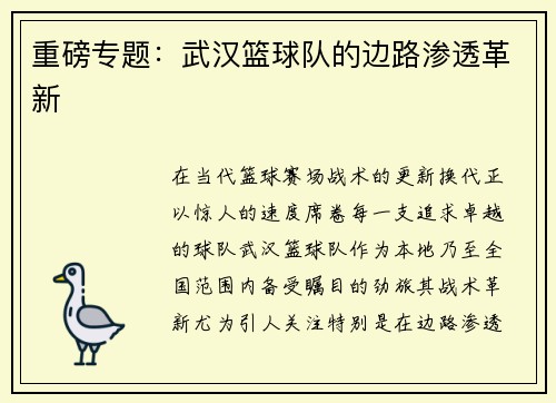 重磅专题：武汉篮球队的边路渗透革新