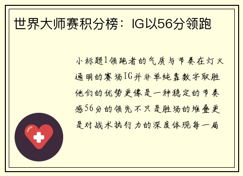 世界大师赛积分榜：IG以56分领跑