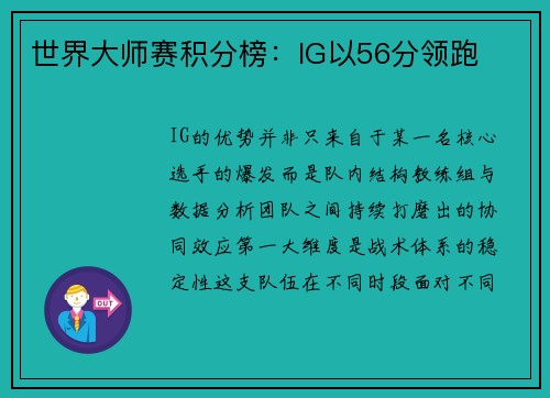 世界大师赛积分榜：IG以56分领跑